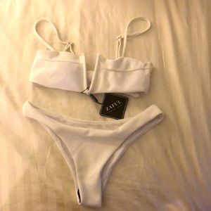 ZAFUL knot V-wired ribbed bikini set/WHITE